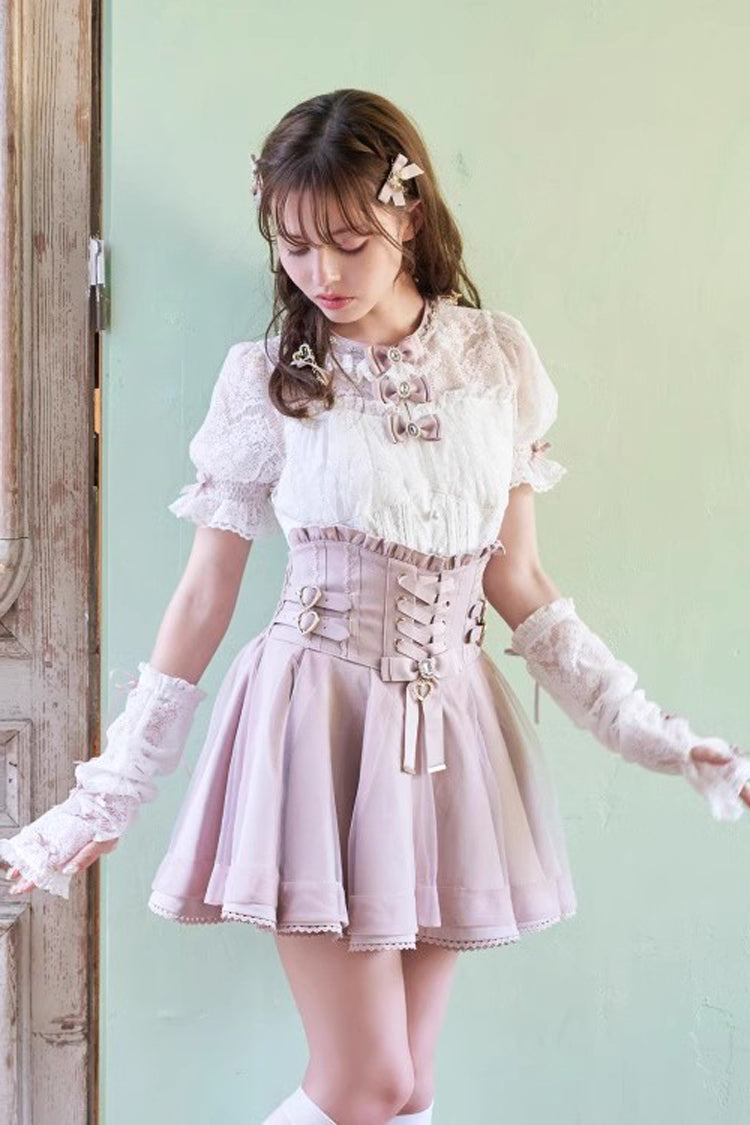 Japanese High Waisted Ruffle Mesh Belt Buckles Jirai Kei Skirt 3 Colors - Pink - 1