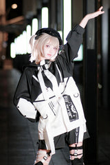 Black/White [Zero-Type Transformation] Techwear Long Sleeves Embroidered Hooded Punk Jirai Kei Shorts Coat Set - Product - 5