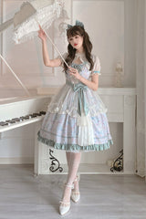 Green Flower Wall Pattern Print High Waisted Fresh And Sweet Lolita JSK Dress - Product - 2