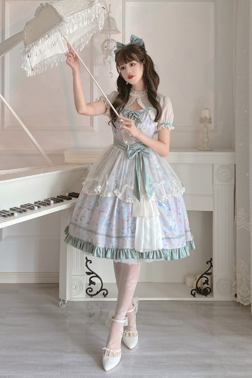 Green Flower Wall Pattern Print High Waisted Fresh And Sweet Lolita JSK Dress - Product - 2