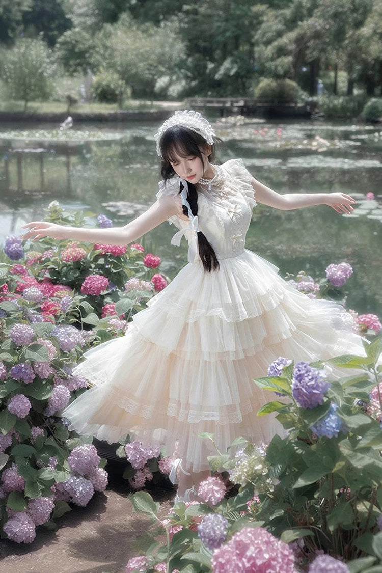 Ivory Tower Multi-layer Ruffle Embroidery Flying Sleeves Sweet Elegant Lolita OP Dress - Product - 2