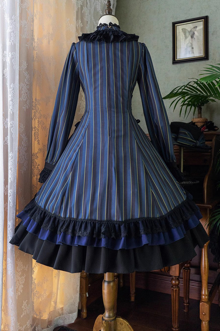 Point Manor Stand Collar Long Sleeves Multi-layer Striped Print Ruffle Gothic Lolita Dress 4 Colors - Product - 13