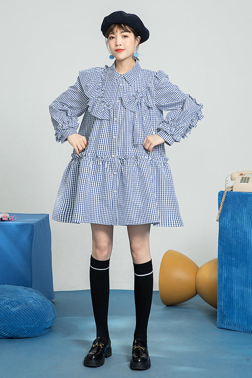 Blue Plaid Print Bow Ruffled Long Sleeves Single Breasted Sweet Lolita OP Dress - Product - 3