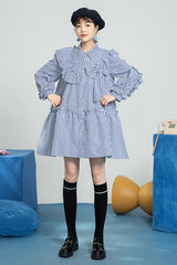 Blue Plaid Print Bow Ruffled Long Sleeves Single Breasted Sweet Lolita OP Dress - Product - 3