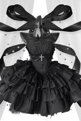 Black Sleeveless Triple-Layered Ruffle Bowknot Lace Gothic Princess Lolita Dress - Product - 3