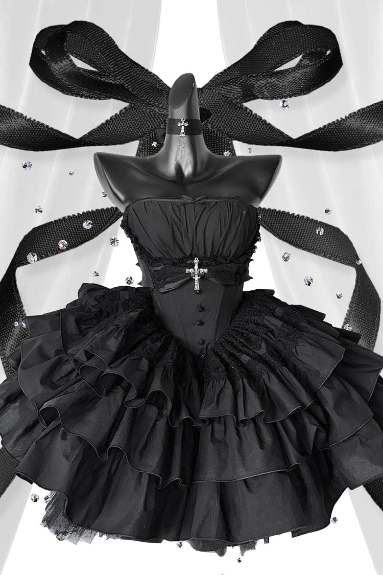 Black Sleeveless Triple-Layered Ruffle Bowknot Lace Gothic Princess Lolita Dress - Product - 3
