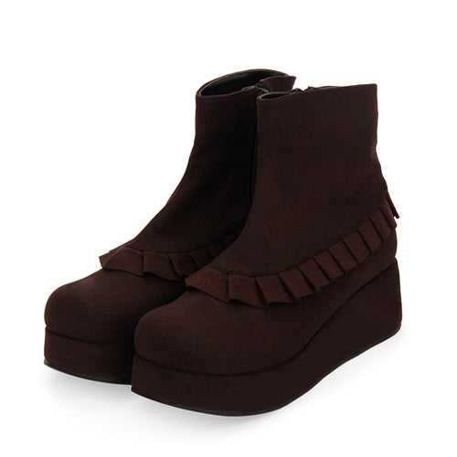 Round Toe Ruffle College Style Lolita Platform Boots - Brown - 2