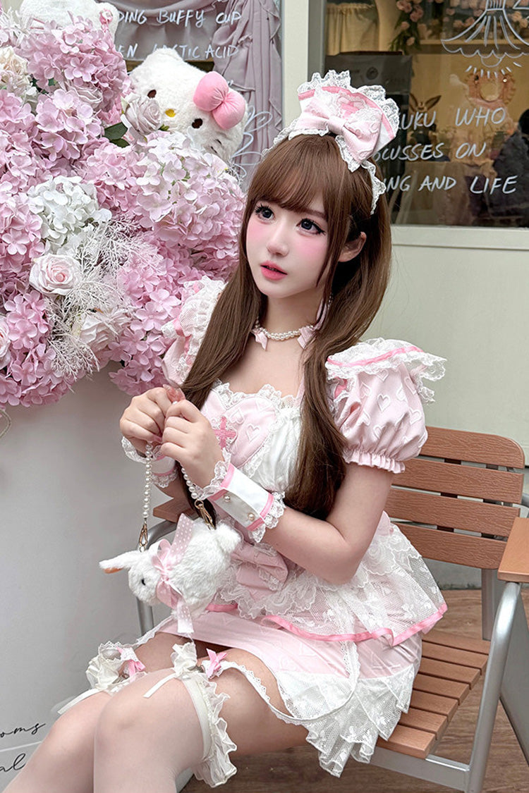 Pink [Little Nurse] Square Collar Short Sleeves Jacquard Ruffled Embroidered Bow Lace Chinese Style Sweet Lolita Skirt Set - Product - 6