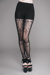 Black Elastic Waistband Flocking Printed Transparent Stretchy Mesh Sexy Leggings Womens Pants - Product - 2