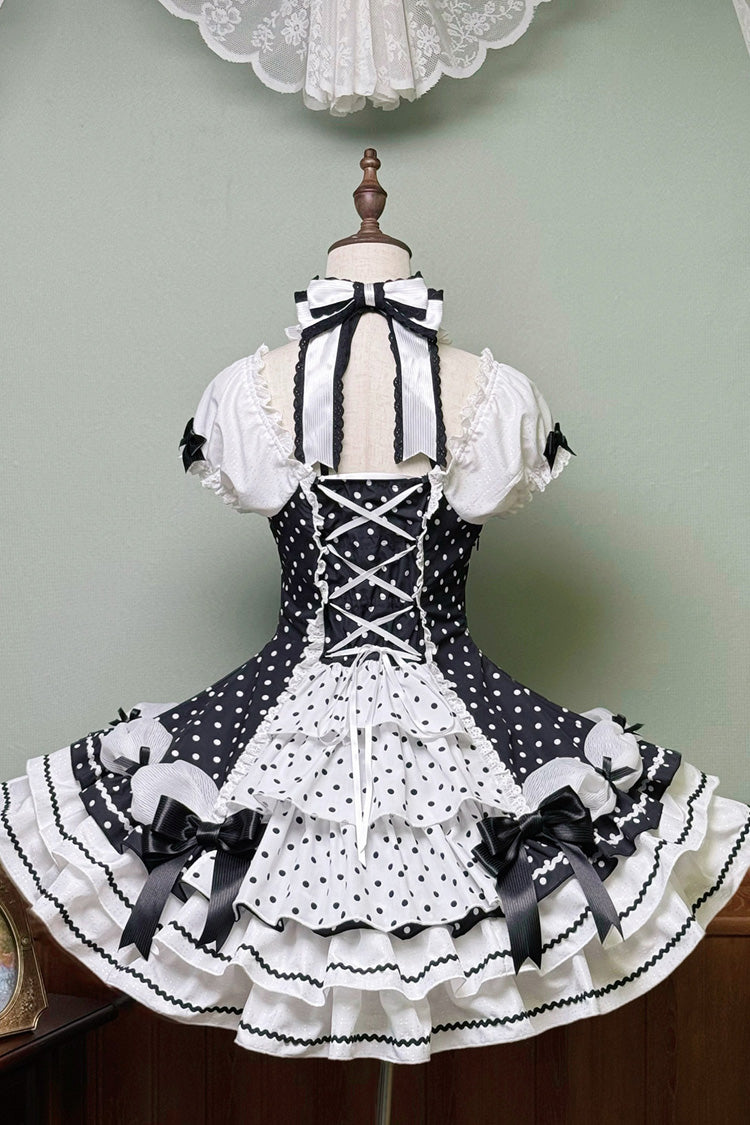 Black/White Halterneck Short Sleeves Triple-Layered Polka Dot Printed Bow Lace-Up Sweet Lolita Dress - Product - 6
