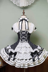 Black/White Halterneck Short Sleeves Triple-Layered Polka Dot Printed Bow Lace-Up Sweet Lolita Dress - Product - 6