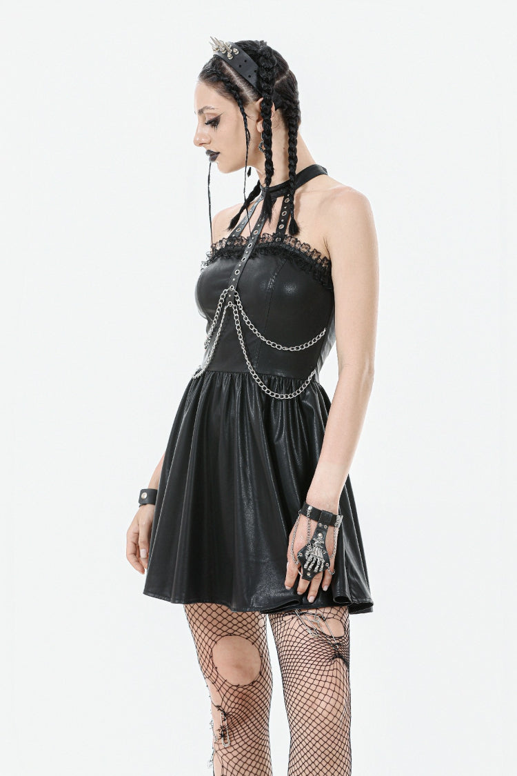 Black Halterneck Zippered Chain-Decorated Eyelet Women's Punk Faux Leather Dress - Product - 8