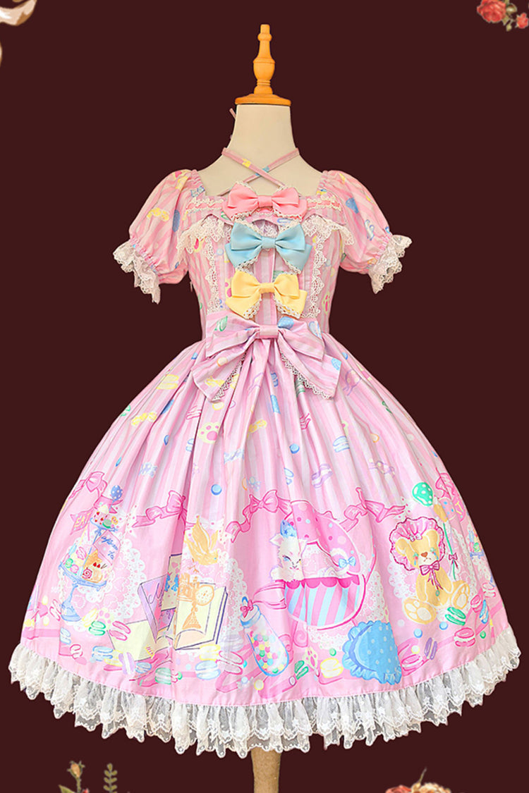 [Macaron Dolly House] Doll Collar Short Sleeves Print Bowknot Sweet Lolita Dress 3 Colors - Product - 14