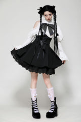 Black/White Lace High Collar Asymmetric Long Trumpet Puff Sleeves Bowknot Women's Lolita Gothic Short Dress - Black/White - 1