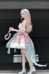 Pink/Blue [Camellia Covenant] Halterneck Ruffled Bow Lace Lace-Up Sweet Lolita Jsk Dress - Product - 9
