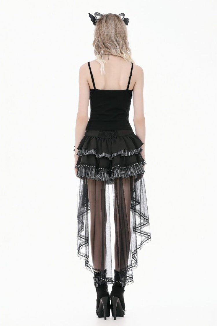 Black Women's Gothic Vintage Multi-Layered Buckled Straps Sheer Lace Patchwork Tank Top - Product - 4