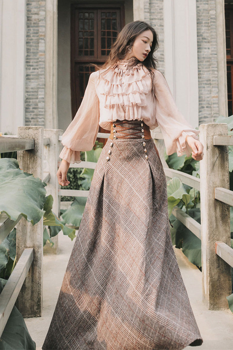 Pink/Brown Stand Collar Long Lantern Sleeves Ruffled Lace-Up Classic Vintage Lolita Skirt Set - Pink/Brown(Set) - 1