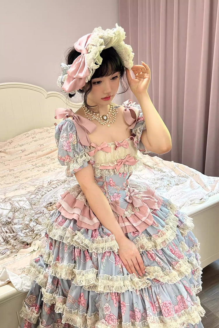 Blue/Pink [Gem Rose] Multi-Layered Ruffle Bowknot Lace Sweet Princess Lolita Skirt 2 Versions - Product - 5