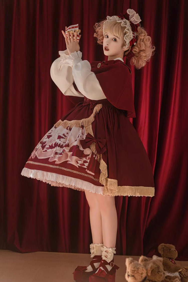 Red Doll Collar [Bunny Reading Club] Print Ruffle Lace Fake Two Pieces Sweet Princess Lolita Dress - Product - 8