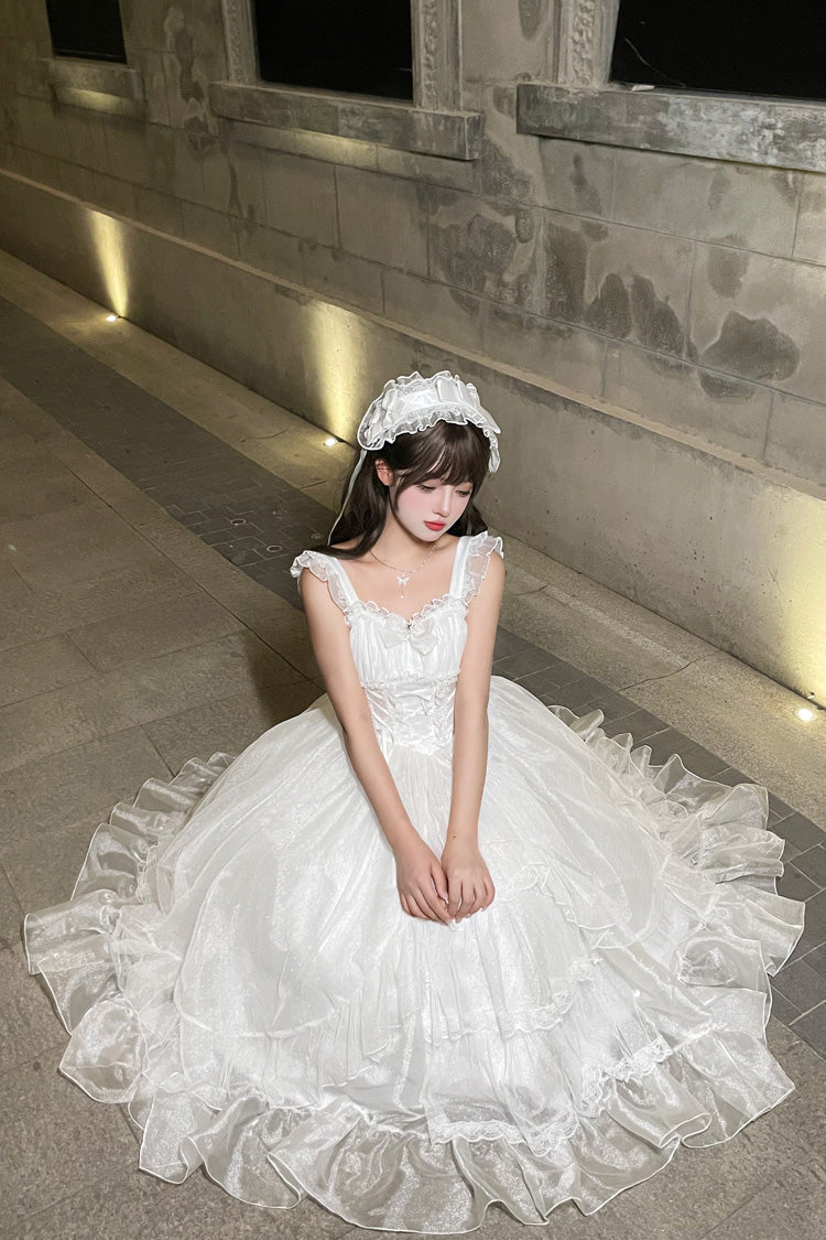 White [Moonlight Sonata] Ruffle Cardigan Bowknot Lace Sweet Vintage Lolita Jsk Dress - Product - 9