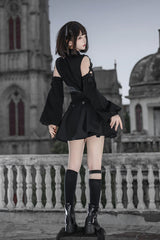 Black [Reserve Tactics] Ruffled Cut-Out Asymmetric Gothic Lolita Dress Set - Product - 10