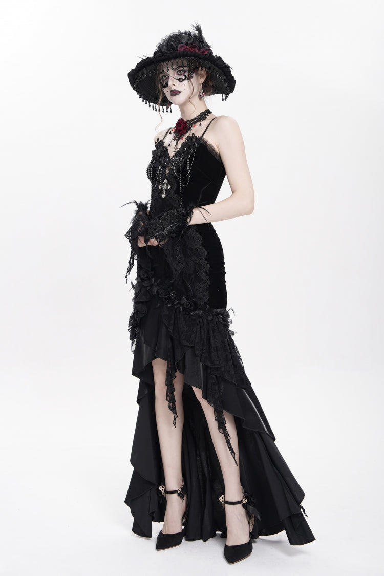 Black Sleeveless Cross Ruffled Floral Embroidered Chain-Decorated Women's Gothic Long Slip Dress - Product - 7