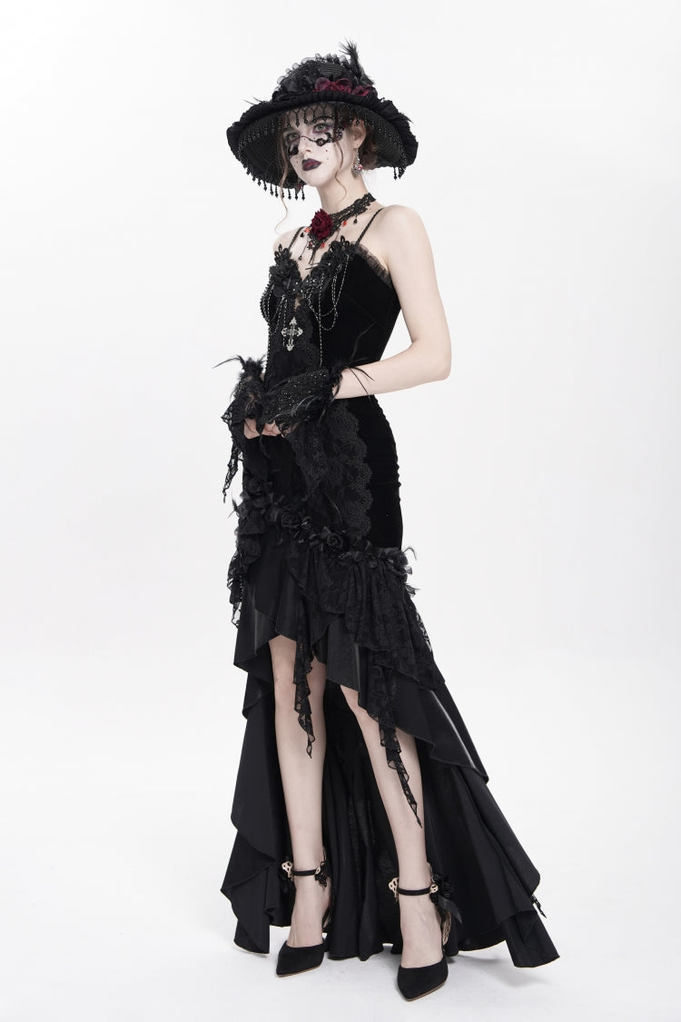 Black Sleeveless Cross Ruffled Floral Embroidered Chain-Decorated Women's Gothic Long Slip Dress - Product - 7