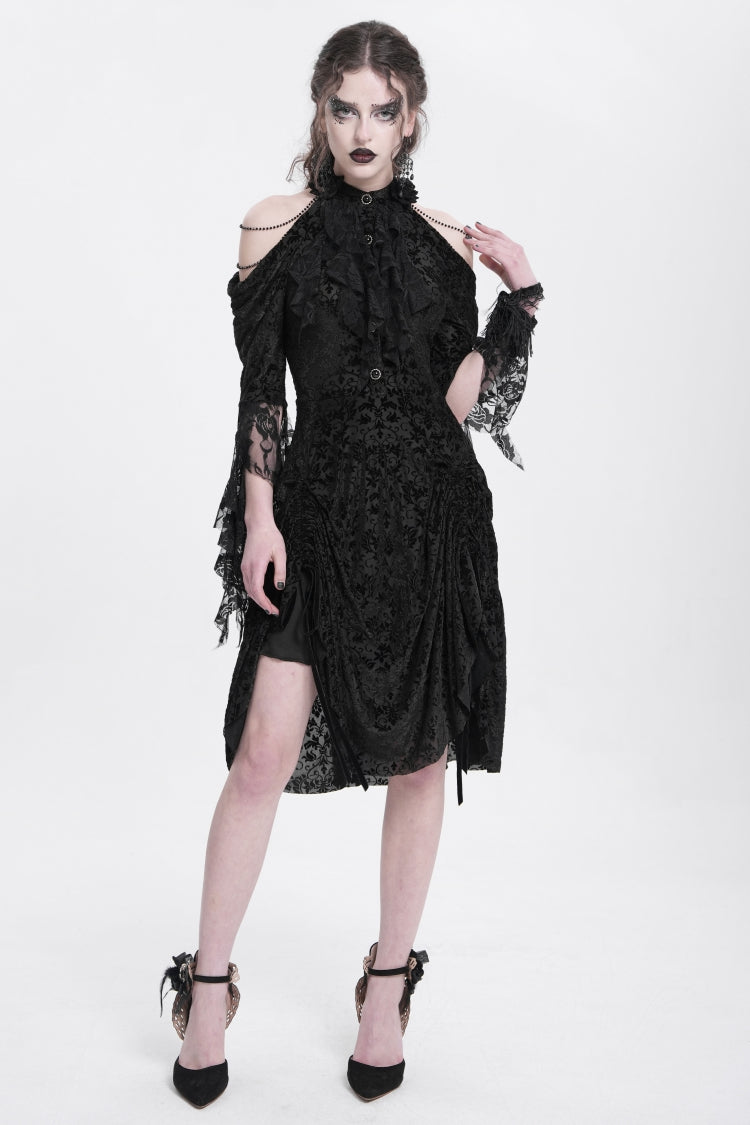 Black Off Shoulder Drawstring Jacquard Embroidery Women's Gothic Party Dress - Black - 1