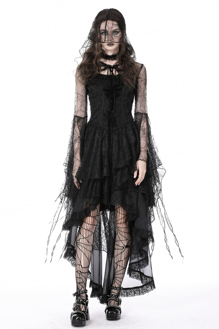 Black Spider Exaggerated Long Flared Sleeves Lace-Up Sheer Women's Gothic Cape with Hood - Product - 9