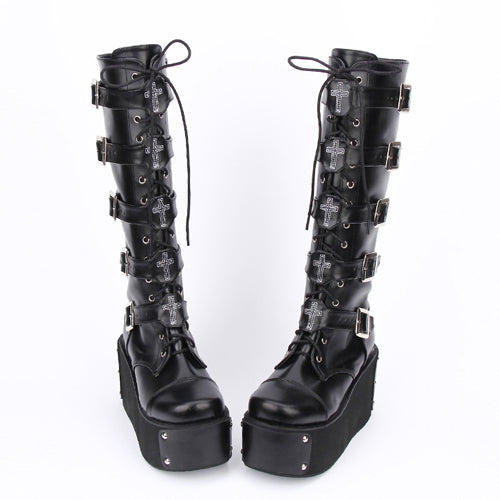 Black Cross Adornment High Platform Lolita Boots - Product - 4