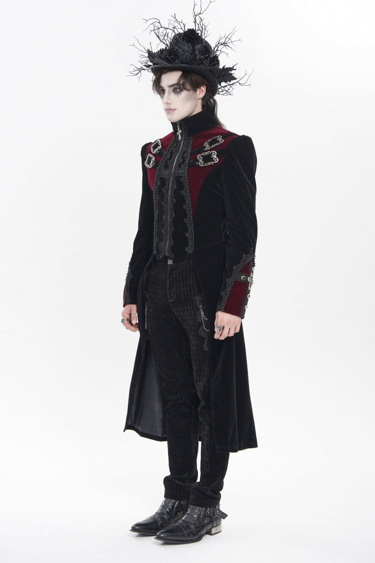 Black Stand Collar Long Sleeves Embroidered Color-Blocked Buckled Zippered Men's Gothic Palace Jacket - Product - 2