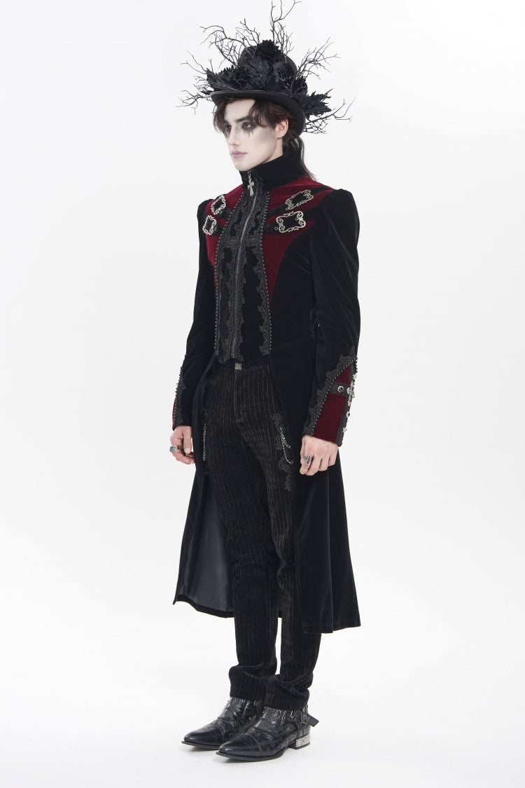 Black Stand Collar Long Sleeves Embroidered Color-Blocked Buckled Zippered Men's Gothic Palace Jacket - Product - 2