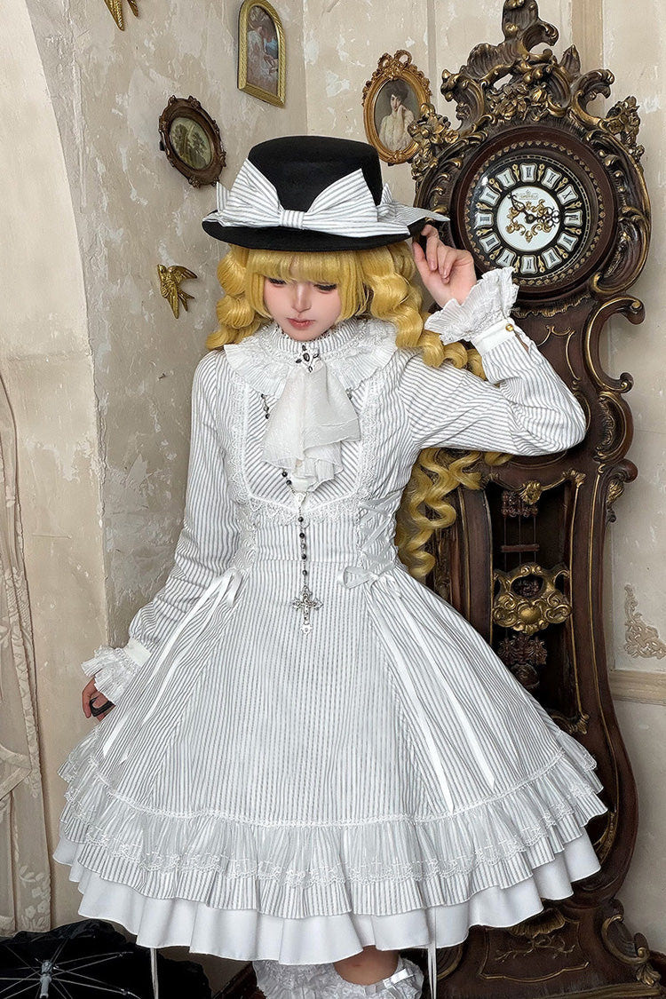 White [Point Manor] Stand Collar Long Sleeves Multi-Layered Striped Printed Ruffled Lifted Hem Bow Gothic Lolita Dress - Product - 2