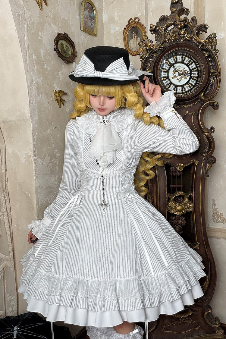 White [Point Manor] Stand Collar Long Sleeves Multi-Layered Striped Printed Ruffled Lifted Hem Bow Gothic Lolita Dress - Product - 2