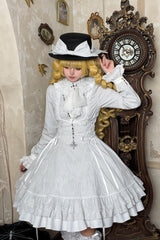 White [Point Manor] Stand Collar Long Sleeves Multi-Layered Striped Printed Ruffled Lifted Hem Bow Gothic Lolita Dress - Product - 2