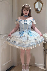 [Wind Chime Poem] Square Collar Flutter Sleeves Triple-Layered Printed Ruffled Bow Sweet Lolita Jsk Dress 4 Colors (Blue, Pink, Purple, Green) - Product - 6