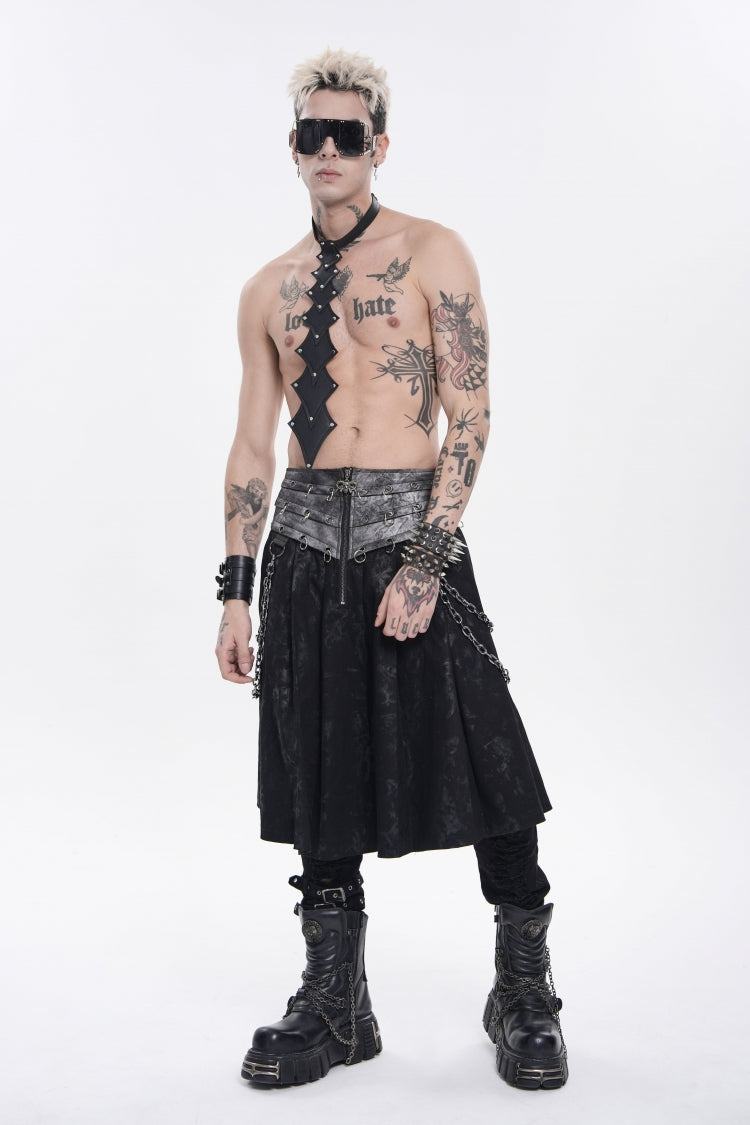 Black Printed Spliced Lace-Up Pleated Chain-Decorated Men's Punk Skirt - Product - 13