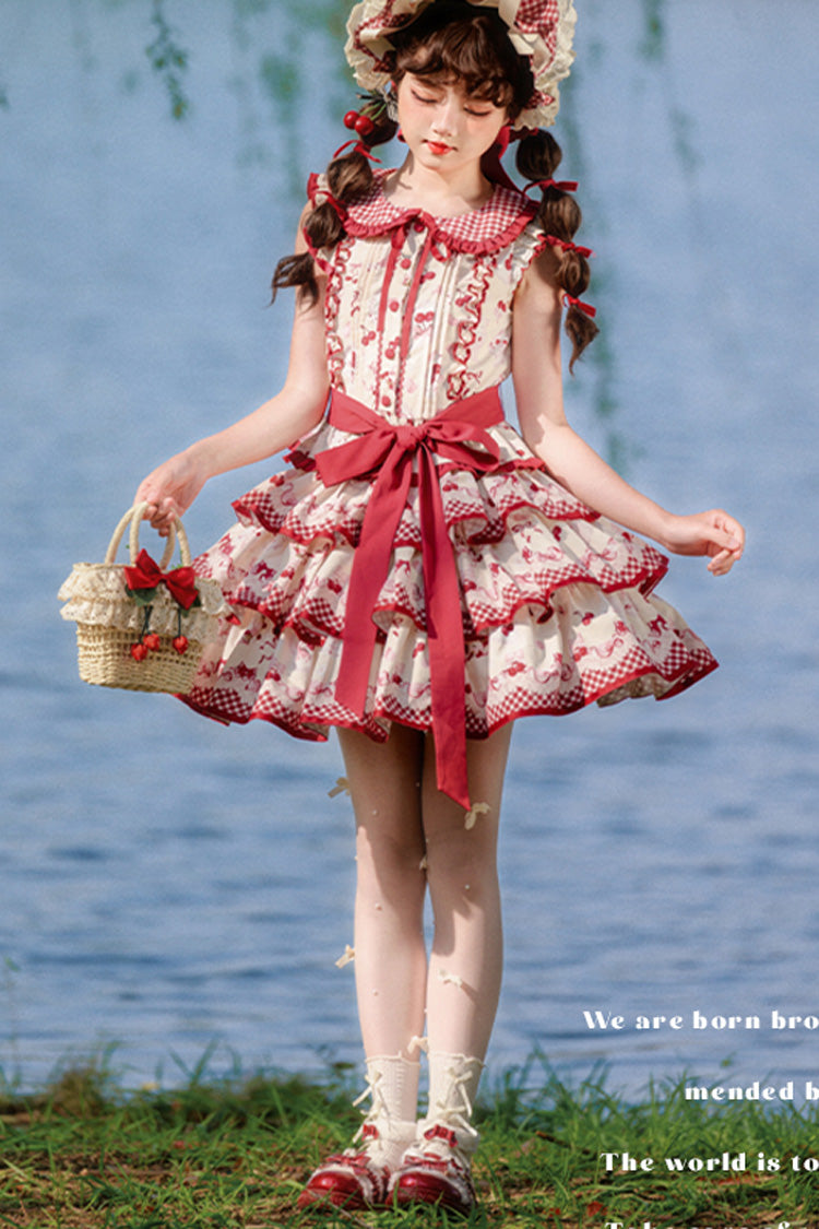 Red Triple-Layered [Cherries Are Ripe] Print Ruffle Sweet Lolita Skirt Set - Product - 10