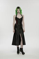 Black/Red Halterneck Sleeveless Lace-Up Slim Buckled Women's Punk Dress - Black/Red - 5