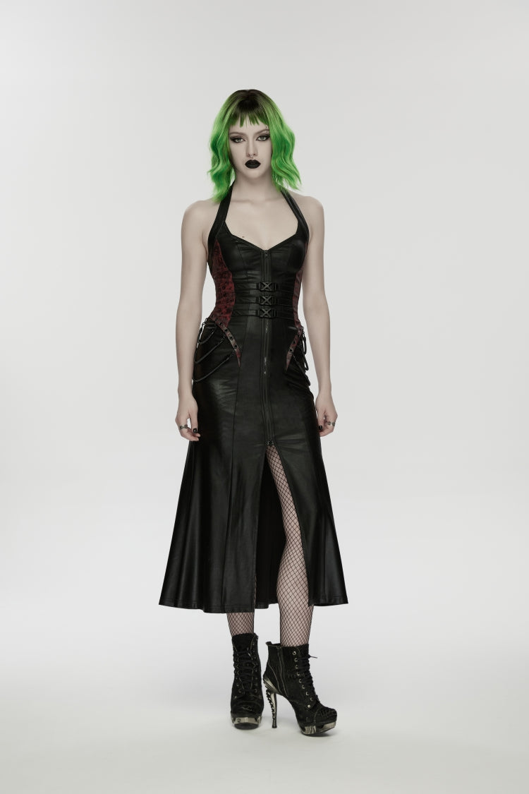 Black/Red Halterneck Sleeveless Lace-Up Slim Buckled Women's Punk Dress - Black/Red - 5