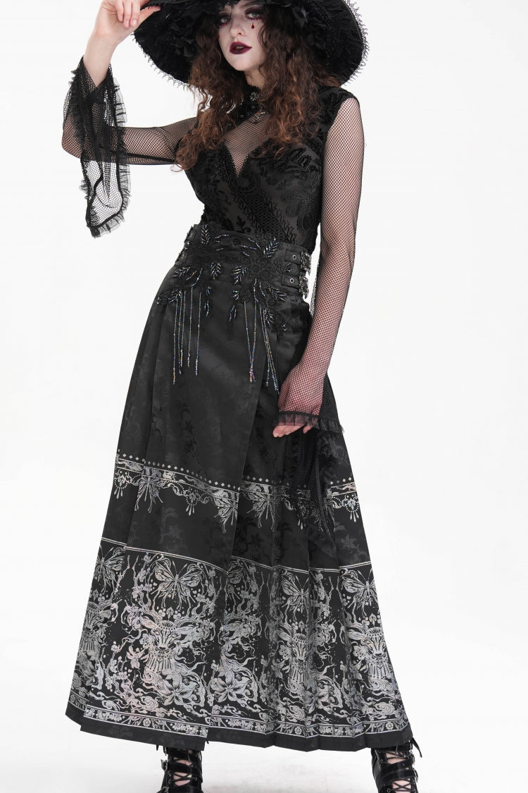 Black Print Embroidery Women's Gothic Crochet Tassels Bucket-up Long Skirt - Product - 4