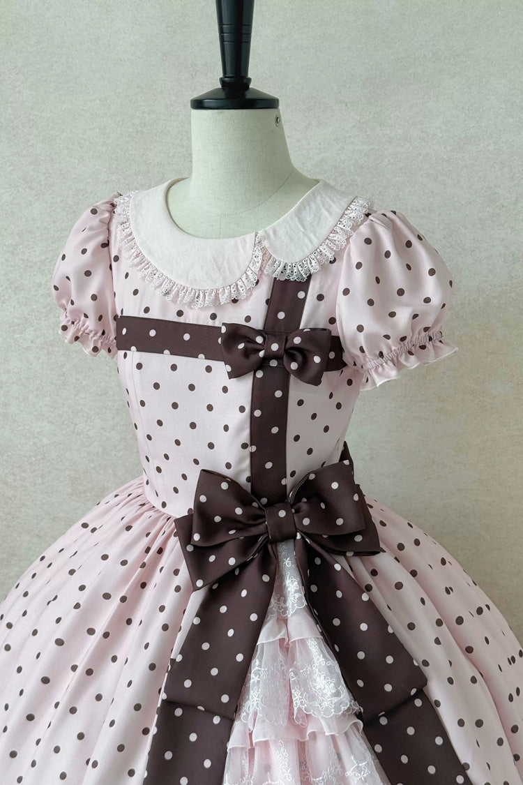 Pink [Canelé Gift Box] Round Collar Short Sleeves Double-Layered Printed Polka Dot Ruffled Open-Front Bow Asymmetric Sweet Lolita Dress Version 2 - Product - 6