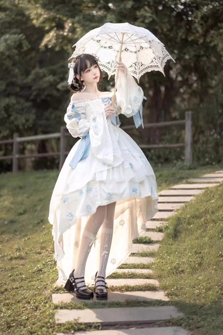 White Boat Neck Multi-layer Ruffle Hanayome Bowknot Sweet Princess Lolita Strapless Dress - Product - 5