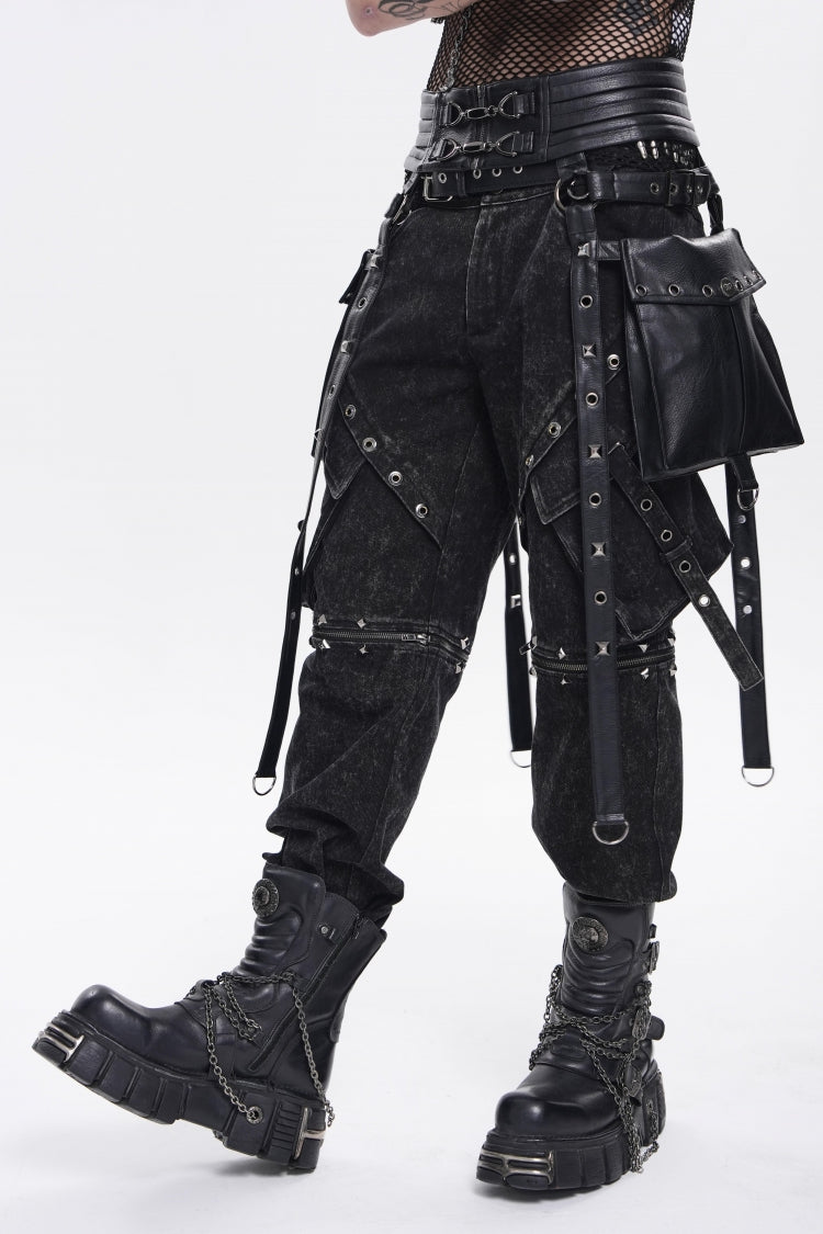 Black Lace-Up Studded Buckled Zippered Eyelet Men's Punk Cool Accessory with Pouches - Product - 4