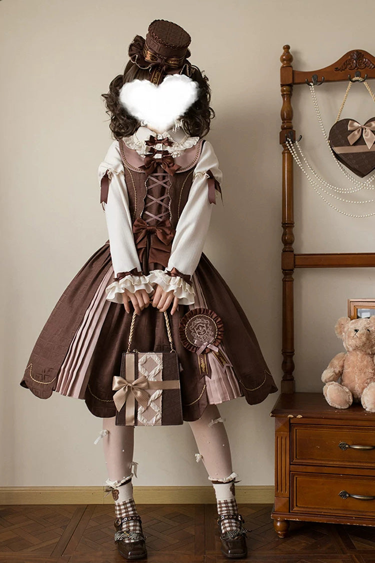 Brown [Teddy Chocolate Bar] Printed Embroidered Bow Lace-Up Classic Lolita Jsk Dress and Skirt - Product - 7
