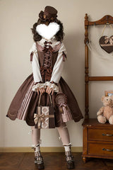 Brown [Teddy Chocolate Bar] Printed Embroidered Bow Lace-Up Classic Lolita Jsk Dress and Skirt - Product - 7