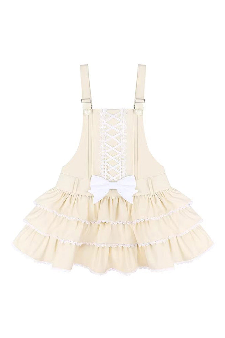 Yellow Nostalgic Showa Custard Cream Puff Sleeveless Triple-Layered Ruffled Bow Lace-Up Tiered Cake Sweet Jsk Dress - Product - 3
