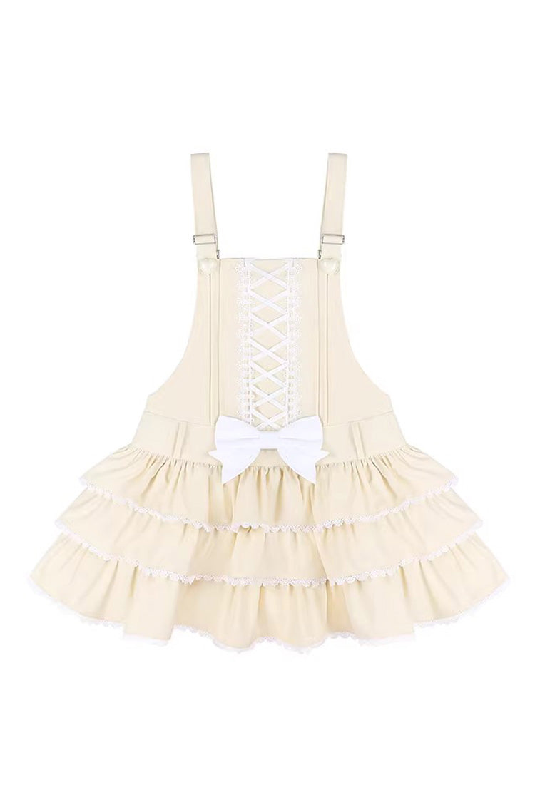 Yellow Nostalgic Showa Custard Cream Puff Sleeveless Triple-Layered Ruffled Bow Lace-Up Tiered Cake Sweet Jsk Dress - Product - 3