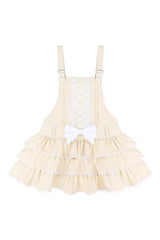 Yellow Nostalgic Showa Custard Cream Puff Sleeveless Triple-Layered Ruffled Bow Lace-Up Tiered Cake Sweet Jsk Dress - Product - 3
