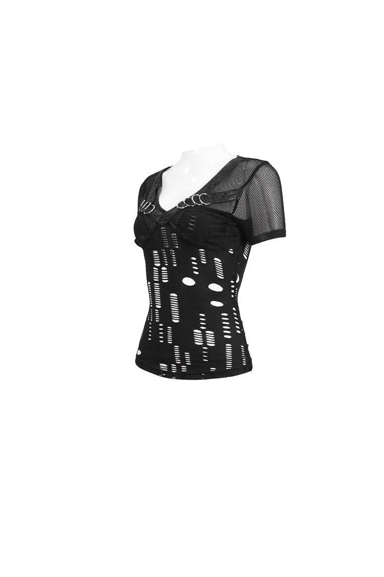 Black V Neck Stretch Destroyed Faux Leather Metal Ring Women's Punk T-Shirt - Product - 7